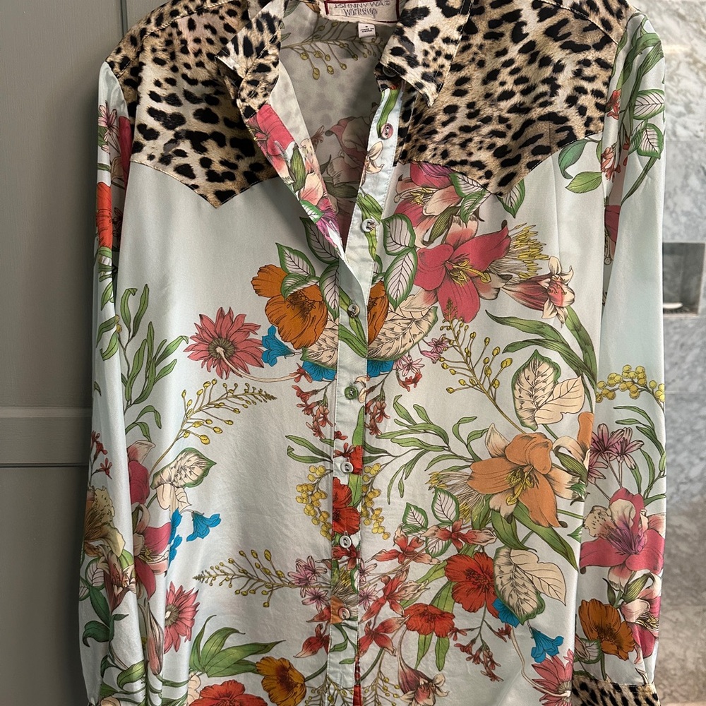 Johnny Was Multicolor Floral and Leopard Blouse